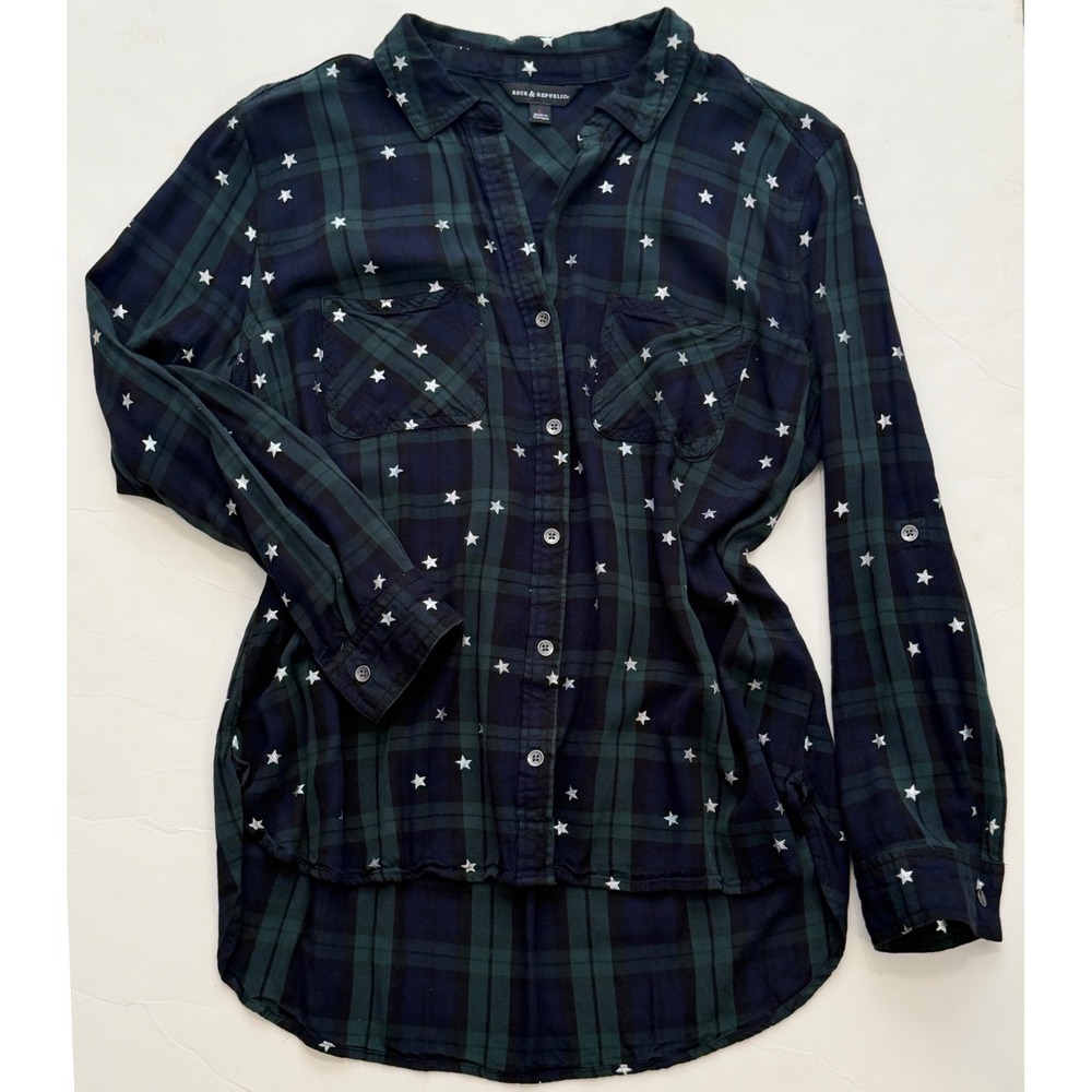 Rock & Republic Green Navy Blue Plaid Star Print Button Down Shirt Large - Picture 2 of 7